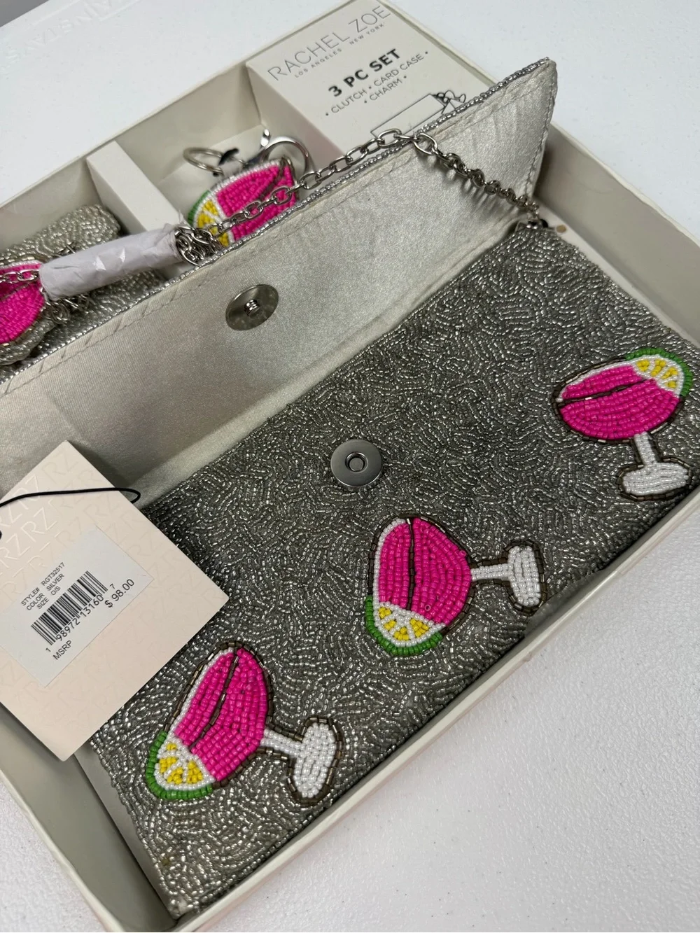 NWT‎ $98 Rachel Zoe 3 Pc Set Beaded Pink Margarita Silver Clutch Card Case Charm